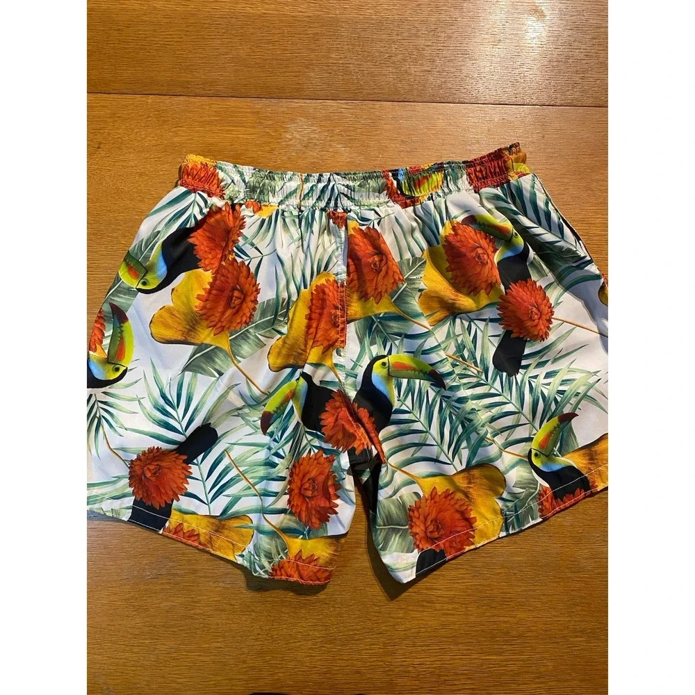 Tropical Toucans Palm Frans‎ Flowers Lined Swim Trunks Men's 32x7 Mahamaha